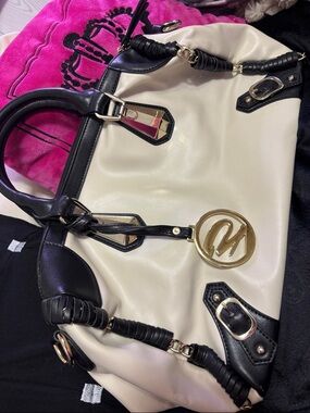 Galian Two-Tone Cream and Black Satchel with Gold Charm